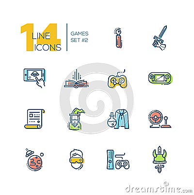 Video Gaming - thick line icons set Vector Illustration