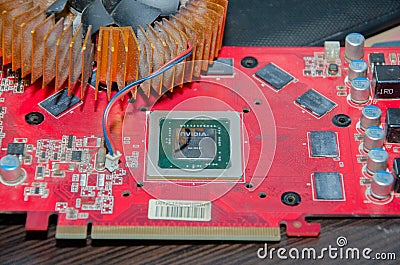 Video graphic adapter whithout cooling system. GPU Editorial Stock Photo