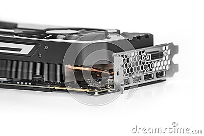 Video Graphics card with powerful GPU isolated on white background. Might be used to mine cryptocurrencies. Closeup photo with sh Stock Photo