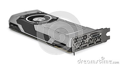 Video Graphics card with powerful GPU isolated on white background Stock Photo