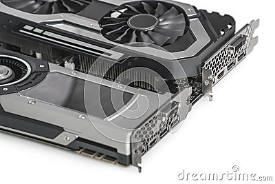 Two Video Graphics cards with powerful GPU isolated on white background Stock Photo