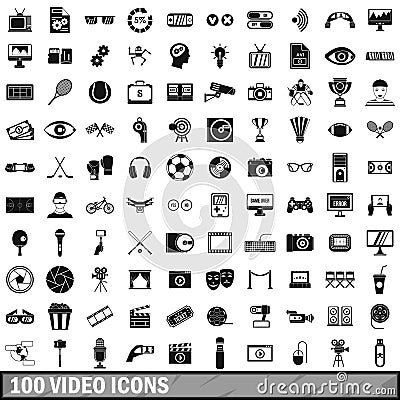 100 video icons set, simple style Vector Illustration