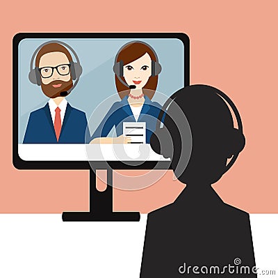 Video Job interview. Officer and candidate. Vector Illustration