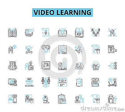 Video learning linear icons set. Instruction, Learning, Educational, Training, Tutorials, Online, Interactive line Vector Illustration