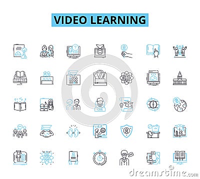 Video learning linear icons set. Instruction, Learning, Educational, Training, Tutorials, Online, Interactive line Vector Illustration