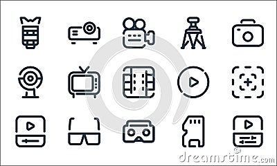Video line icons. linear set. quality vector line set such as video editing, virtual reality, video player, memory card, d glasses Vector Illustration