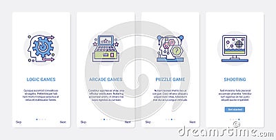 Video logic puzzle games, arcade shooting UI, UX onboarding mobile app page screen set Vector Illustration