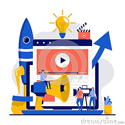Video marketing campaign concept with tiny character. People creating content, streaming live vlog flat vector illustration. Cartoon Illustration