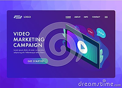 Video marketing campaign, online advertising in digital vlog content. Media marketing strategy for video blog promotion. Vector Illustration