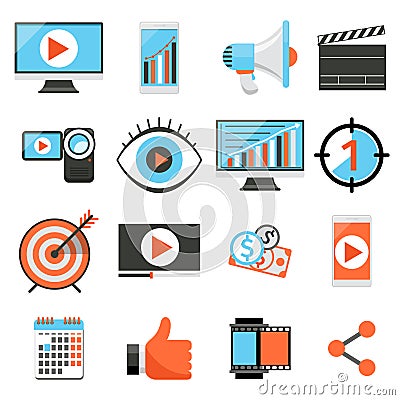 Video marketing and digital social media flat vector icons Vector Illustration