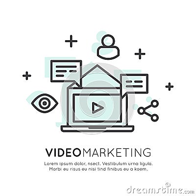 Video Marketing, Internet E-Mail or Mobile Notifications Vector Illustration