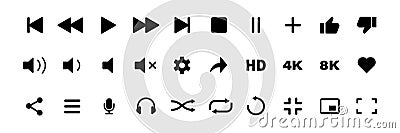 Video media player icons vector set. multimedia music audio control. mediaplayer interface symbols. play, pause, mute sign. Stock Photo