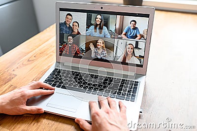 Video meeting on laptop screen, zoom app Stock Photo