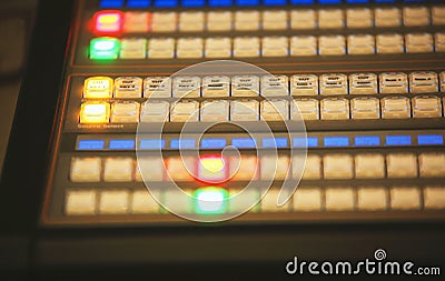 Video mixing control table at tv studio Stock Photo