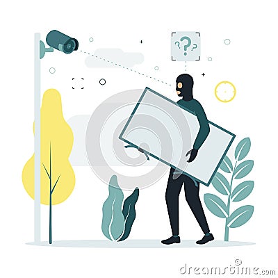 Video monitoring. A vector illustration of a CCTV camera shoots a masked man who has stolen a TV, the camera does not recognize Cartoon Illustration