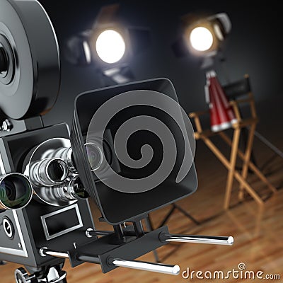 Video, movie, cinema concept. Retro camera, flash and director's Stock Photo