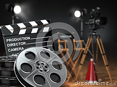 Video, movie, cinema concept. Retro camera, reels, clapperboard Stock Photo