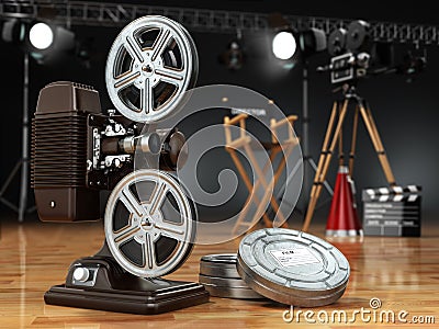 Video, movie, cinema concept. Vintage projector, retro camera, r Stock Photo