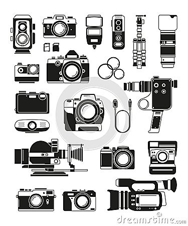 Video and photo cameras and different professional accessories. Vector monochrome illustrations Vector Illustration