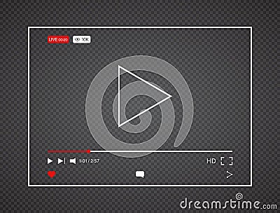 Video player. Live stream video background with 10k views. Interface web screen template. Social media player window bar Vector Illustration