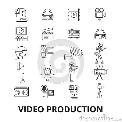 Video production, camera, editing, film, cinema, movie shoot, player line icons. Editable strokes. Flat design vector Vector Illustration