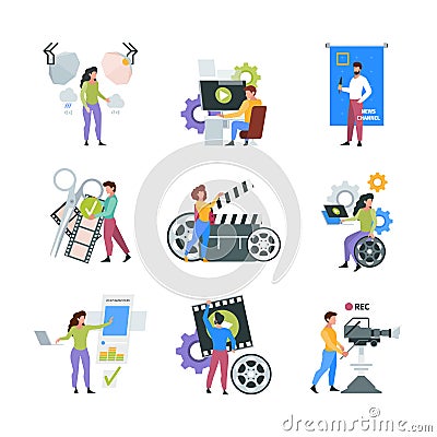 Video production. Filmmaker characters shooting and filming on cameras videography multimedia concept pictures garish Vector Illustration