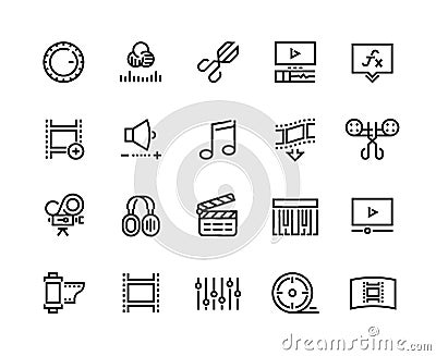 Video production line icons. Editing color grading adding special effects, animation music and movie editing. Vector set Vector Illustration