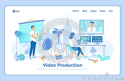 Video Production, Recording, Videography, Blogging. Video filming in the studio with presenter. Video editing on monitors. landing Vector Illustration