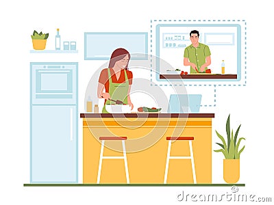 Video recipe cooking. Housewife watching culinary movie on laptop in tasty meal preparation process, woman in home Vector Illustration