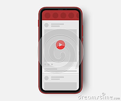 Video sharing socail media post in light theme. cellphone mockup. red play button, Vector Illustration
