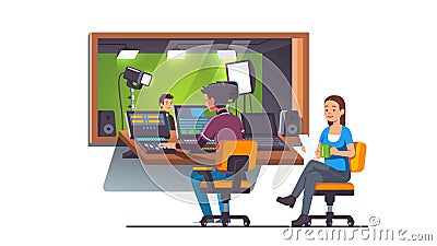 Video, sound engineers working on mixing console Vector Illustration