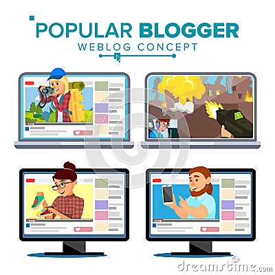 Video Streamer Set Vector. Personal Weblog Channel. Blogosphere Online. Popular Videobloggers. Isolated Flat Cartoon Vector Illustration