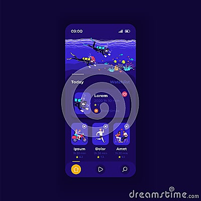 Video streaming application smartphone interface vector template. Mobile app page dark design layout. Vloggers channel Vector Illustration