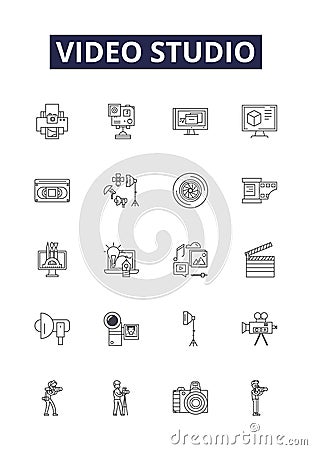 Video studio line vector icons and signs. Video, Editing, Filming, Production, Recording, Cameras, Lighting, Green Vector Illustration