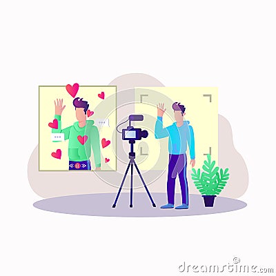 Video subscribe for video blogging site, Video blogging live telecast illustration concept, Video blog videos play And Subscribe, Cartoon Illustration