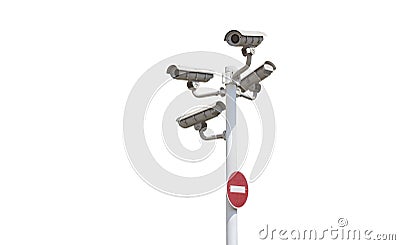 Video surveilance camera on pole isolated on white Stock Photo