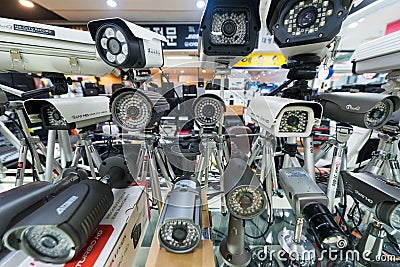 Video surveillance cameras on sale in Hyundai IPark Shopping Mall, Seoul Editorial Stock Photo