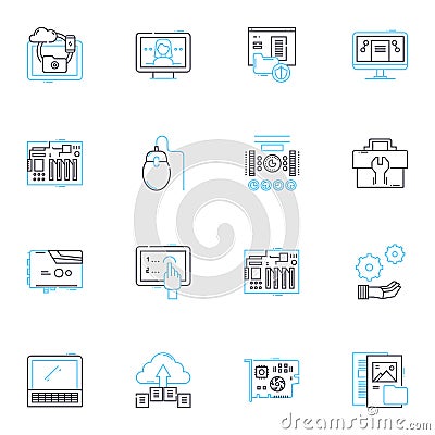 Video tools linear icons set. Edit, Record, Stream, Encode, Cut, Merge, Crop line vector and concept signs. Resize Vector Illustration