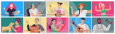 Video tutorial. Bloggers, content creators and vloggers influencers videos in player interface. People shoot video Vector Illustration