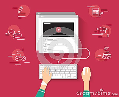 Video tutorial streaming on red background Vector Illustration