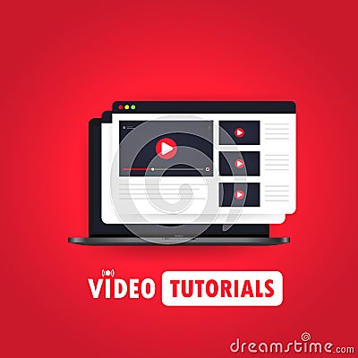 Video tutorials illustration. Watching streaming video, webinar, training online on laptop. Vector on isolated background. EPS 10 Vector Illustration