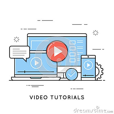 Video tutorials, online training and learning, webinar, distance Vector Illustration