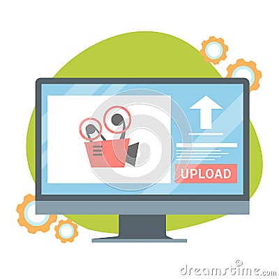 Video upload button on the computer monitor screen Vector Illustration