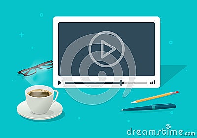 Video watching on abstract isometric working desk table vector illustration flat cartoon, idea of webinar or movie Vector Illustration