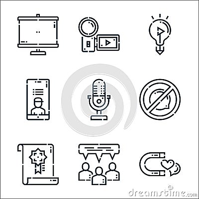 videoblogger line icons. linear set. quality vector line set such as magnet, conversation, reward, no, microphone, profile, idea, Vector Illustration