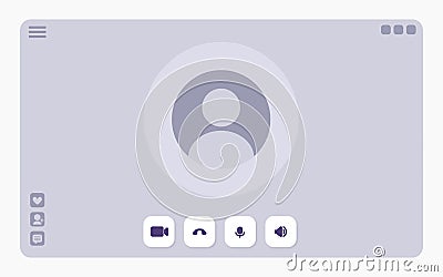 Videocall interface template with user icon and buttons. Light ux design in minimalistic style for online chat programs. Vector Illustration
