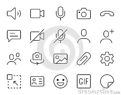 Videocall line icon. Minimal vector illustration, simple outline icons - chat, message, microphone, turn camera Vector Illustration