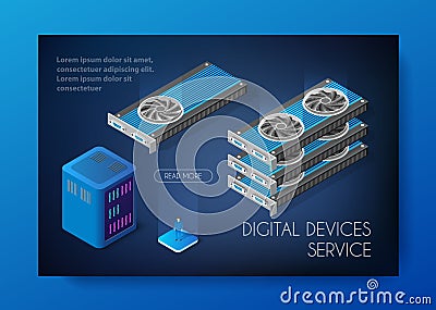 Videocard set of mining bitcoin Vector Illustration