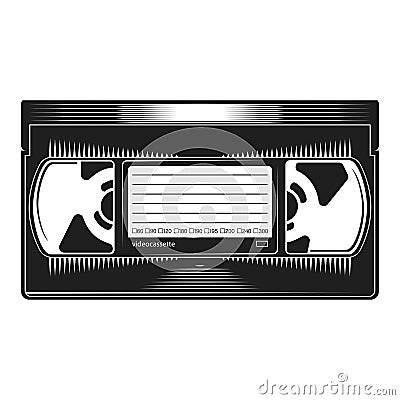 Videocassette. Retro VHS videotape from 90s isolated on a white background. Old record video recorder tape. Vintage style movie Vector Illustration