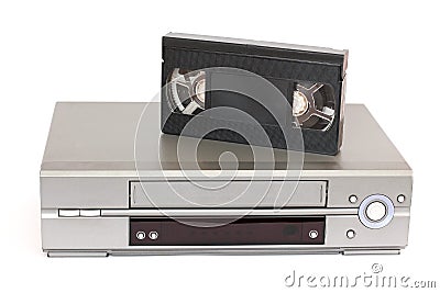 Videocassette and VCR on a white background Stock Photo